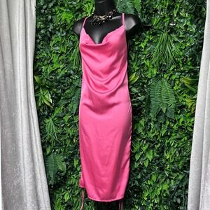 REBELLIOUS Dress 8 Pink Satin Cowl‎ Neck Midi Slip Drawstring Side 3212